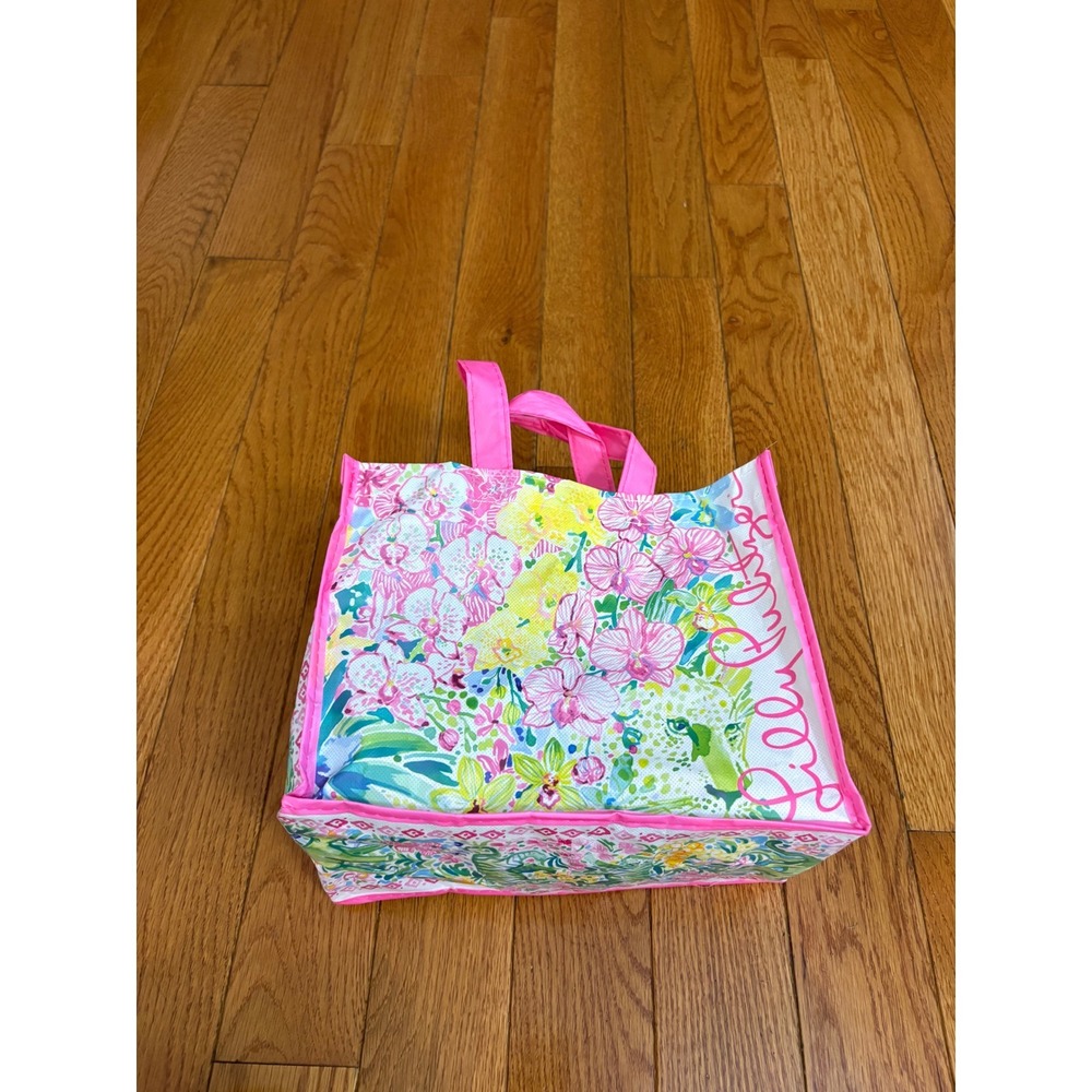 Lilly Pulitzer Reusable Shopping Tote Bag Pink Floral Tiger Print Small 12x10x5 - Picture 6 of 8